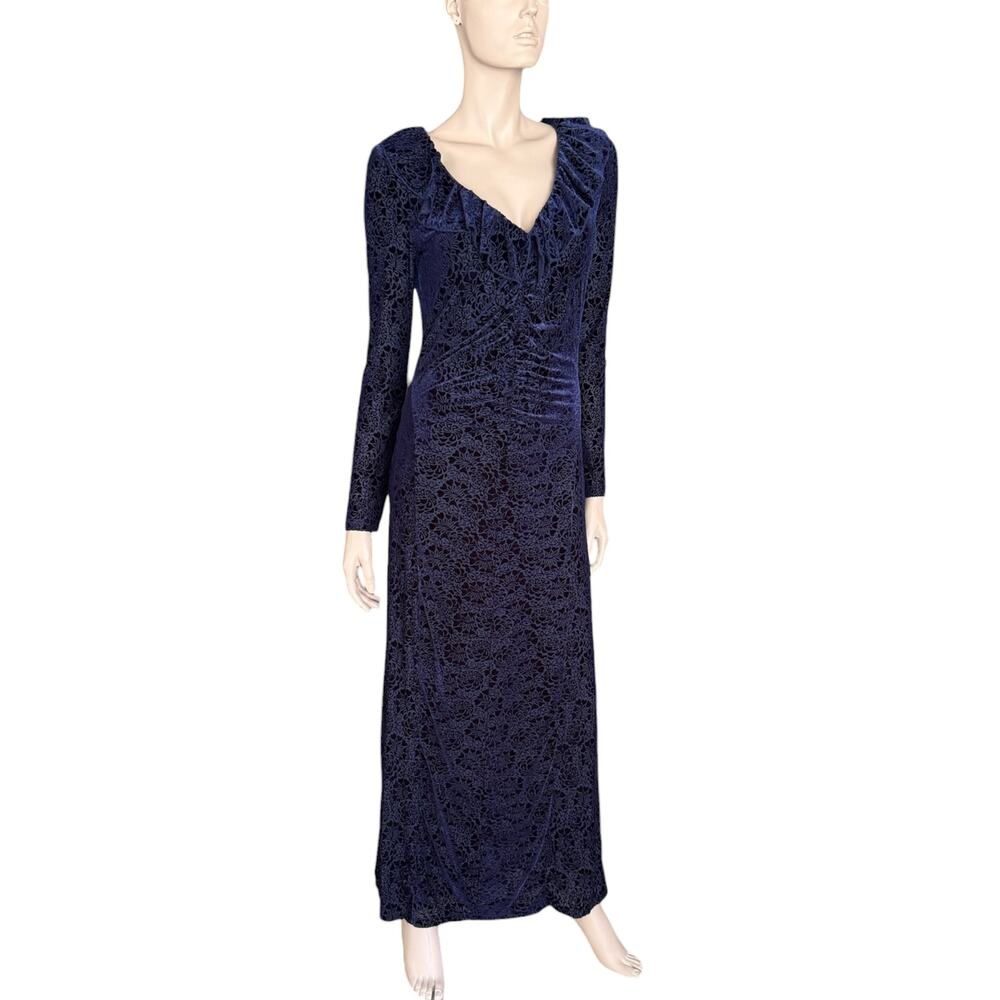 Anthropologie Blue Velvet Ruched Maxi Dress Size Med Ruffle Bodycon Formal - Picture 12 of 15